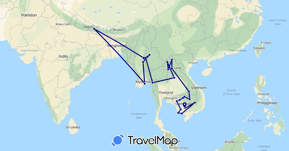 TravelMap itinerary: driving in Cambodia, Laos, Myanmar (Burma), Nepal (Asia)